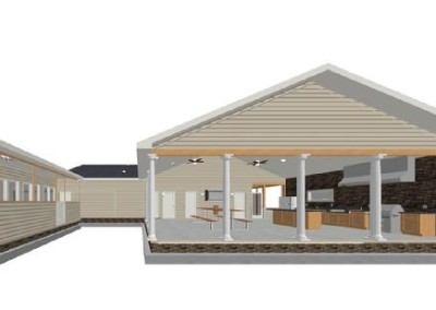 architectural rendering of proposed outside kitchen and breezeway on garage addition