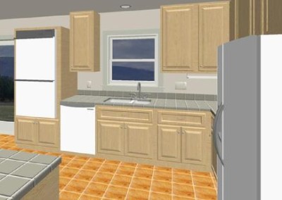 architectural rendering of view into the ktichen looking at the double oven, kitchebn sink and window